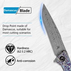 KANSEPT Qilin Pocket Folding Knives for Men EDC Camping Knife 3.24'' Damascus Blade with Titanium with Lightning Strike Finish Handle K1047A3