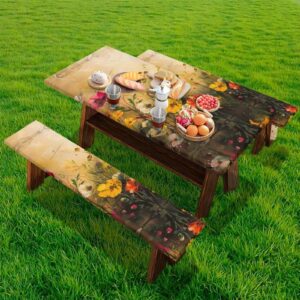 Yuresuaet Floral Paintingh Print Windproof Picnic Table Cover with Bench Covers Set for for Road Trip Camping Gear Accessories 30'' x 94'' Table Cloth 3 in 1