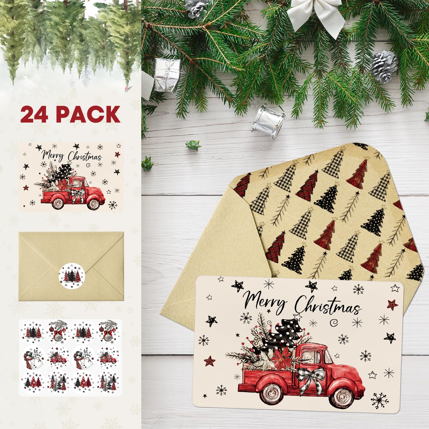 Artoid Mode 24 Pack Merry Christmas Thank You Cards Holly Xmas Tree Truck Greeting Cards Gift With Envelope Sticker Blank Note Cards for Birthday Wedding Baby Shower Bridal Shower, 4 x 6 Inch