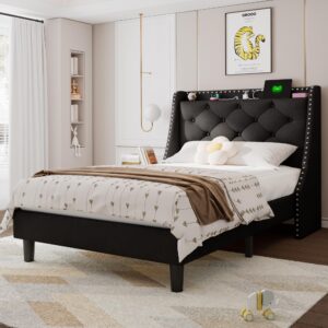 feonase twin bed frame with luxury wingback upholstered button tufted storage headboard, twin platform bed with charging station, sturdy wooden slats support, noise-free, easy assembly, black