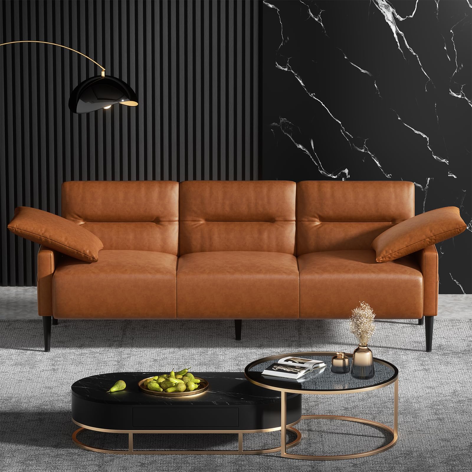 COPIAE 83" Faux Leather Couch, Upholstered 3 Seater Sofa with Pillows, Solid Wood Frame Leather Sleeper Sofa with Metal Legs& Side Pocket, Mid Century Sofa Couches for Living Room, Bedroom, Office