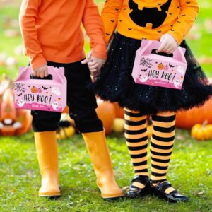 JarThenaAMCS 50Pcs Pink Halloween Paper Boxes Ghost Pumpkin Bat Treat Boxes Hey Boo Gift Boxes with Handle for Halloween Party Favor Supplies