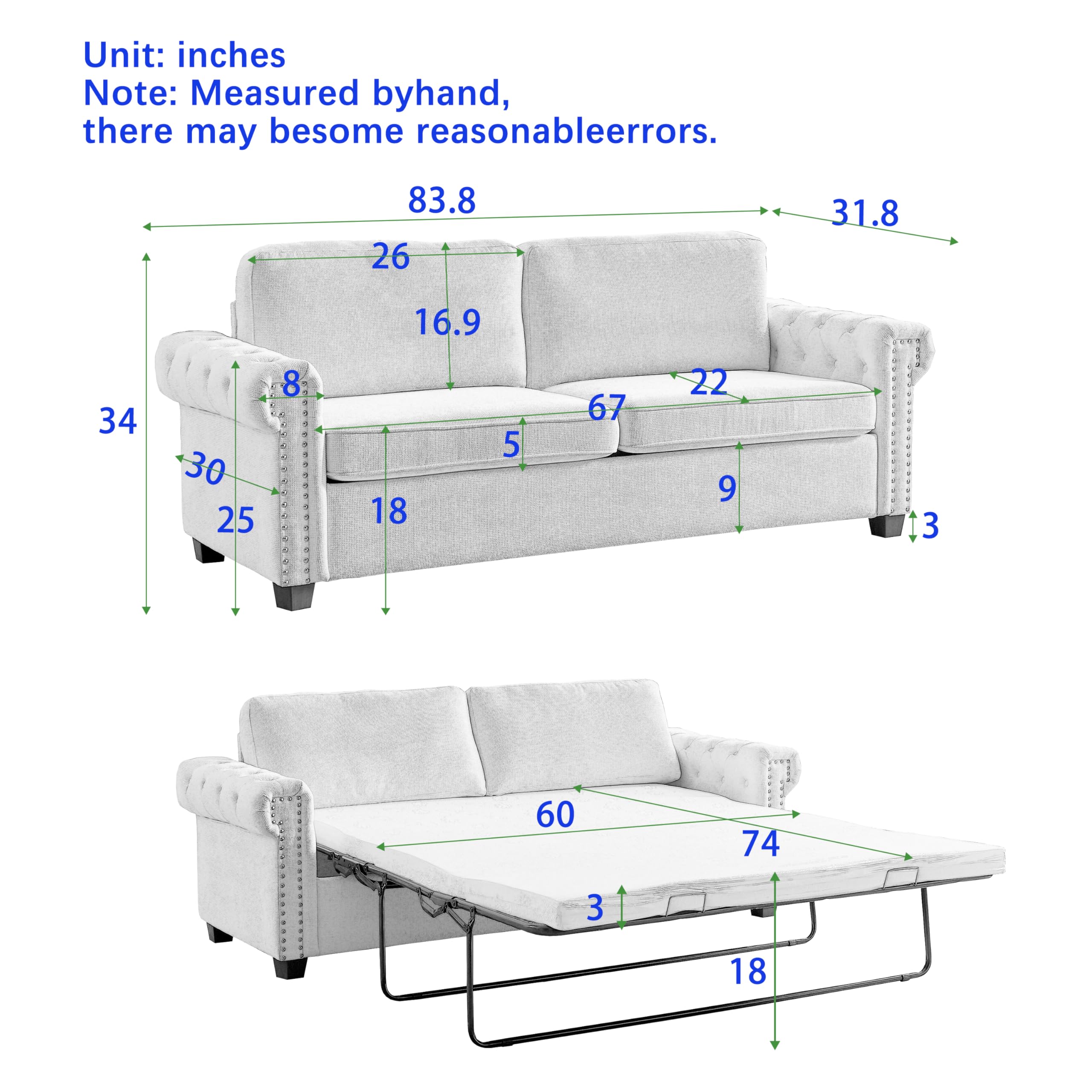 amervanito 83.8" Pull Out Couch, Full Size 2 in 1 Pull Out Sofa Bed, Convertible Couch Bed with Rolled Arms & Mattress, Sleeper Sofa Couch for Living Room, Apartment, Small Spaces (Green)