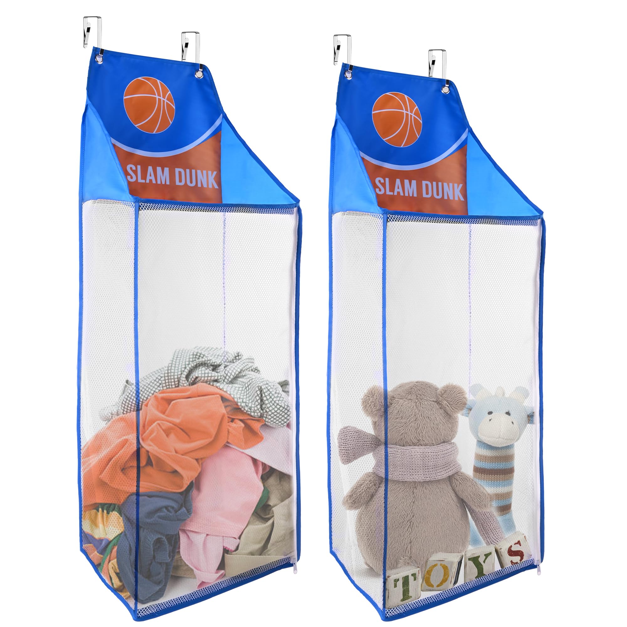 SPINFOX 2 Pack Over the Door Laundry Hamper, Hanging Basketball Laundry Hamper with Zipper, Foldable Mesh Laundry Bakset for Dirty Cloth Toy Towel Saving Space Storage and Organization - Basketball