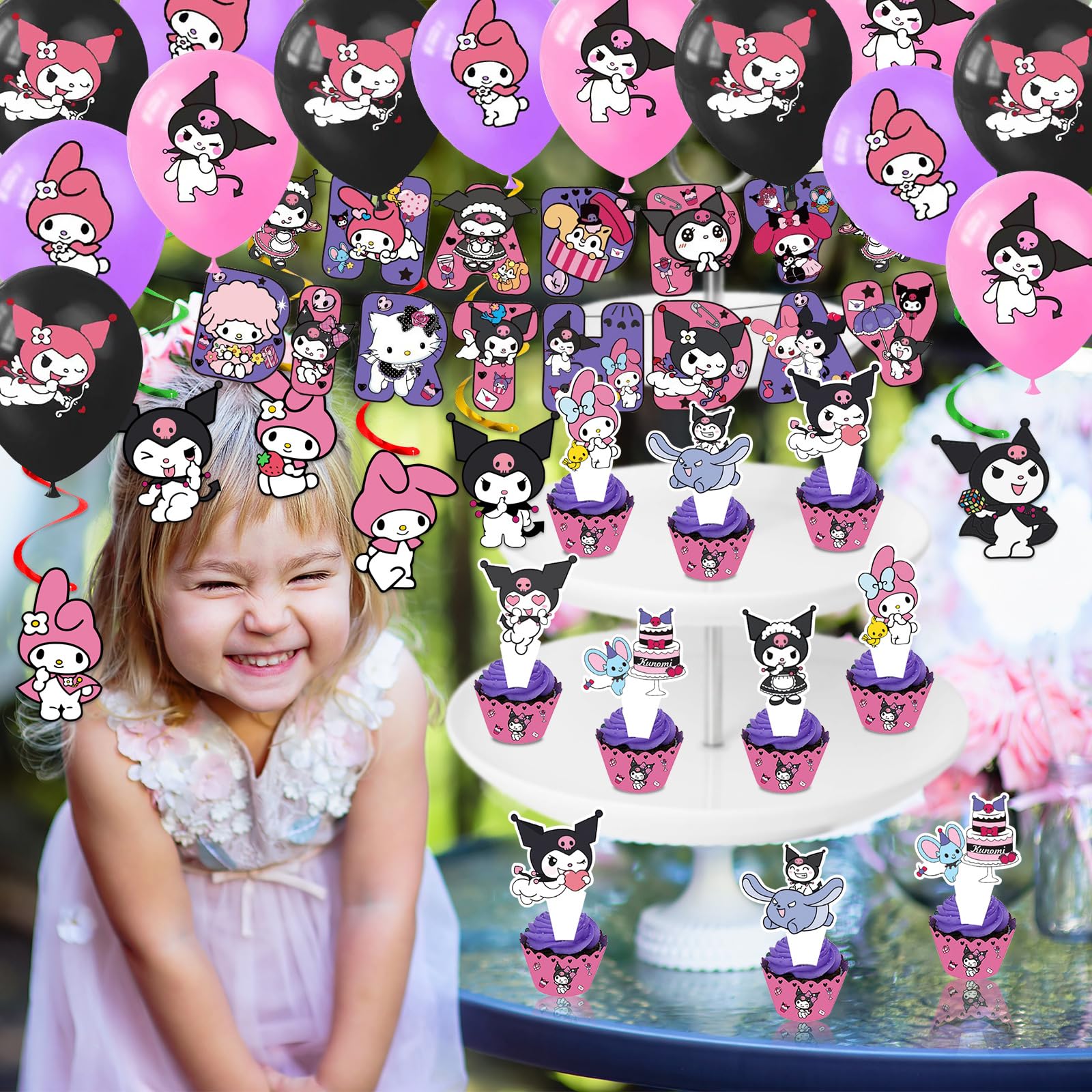 Kuromi Birthday Party Supplies, Party Decorations Set Include Banner, Balloons, Hanging Swirls, Cake Cupcake Toppers, Tablecloth for Girls Kuromi Theme Party