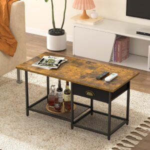 DAOUTIME Small Coffee Tables for Living Room with Drawer, 2-Tier Center Small Table for Small Spaces, Farmhouse Simple Table with 2 Wire Mesh Storage Racks, 15.79" D X 33.11" W X 16.81" H