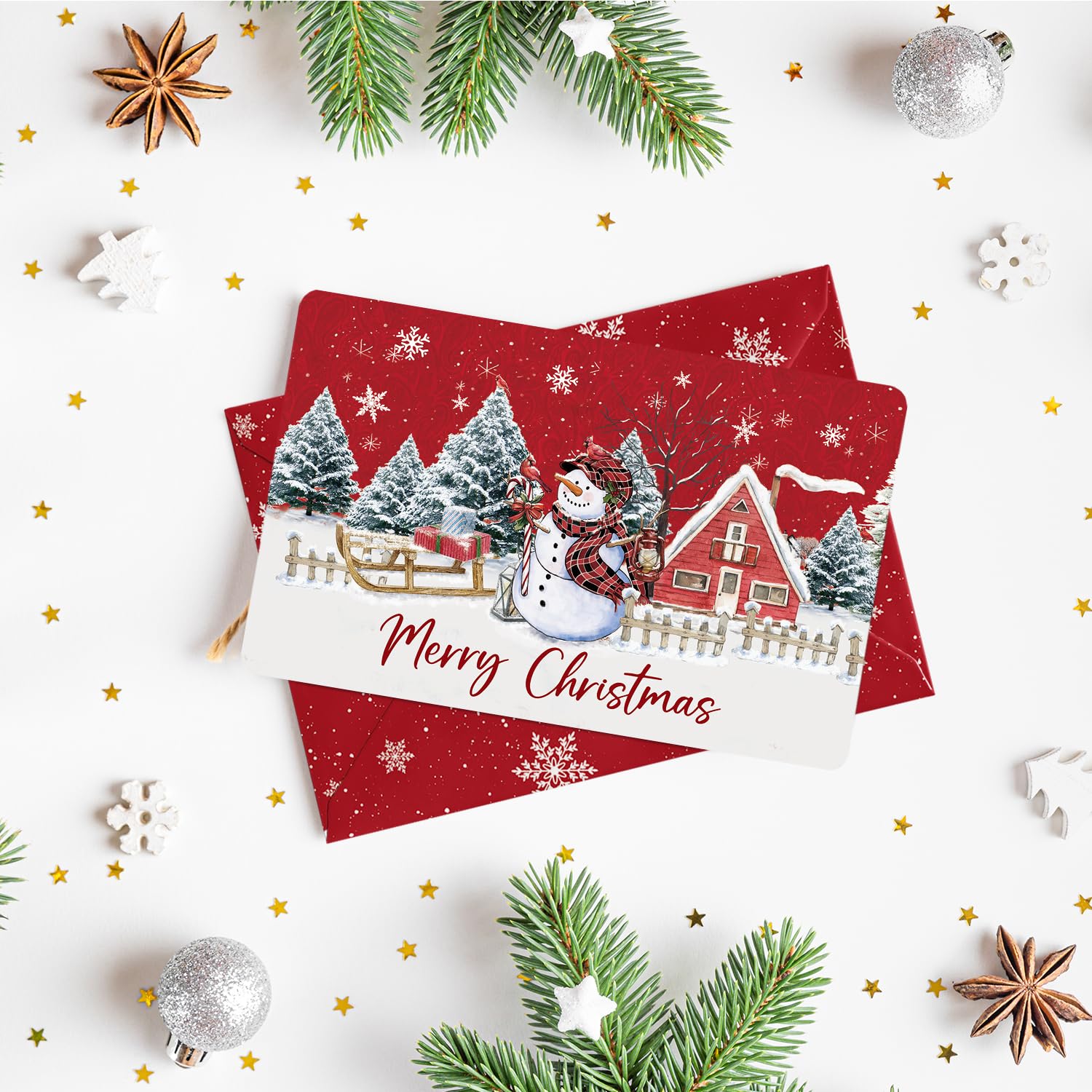 Artoid Mode 24 Pack Merry Christmas Thank You Cards House Snowman Xmas Tree Greeting Cards Gift With Envelope Sticker Blank Note Cards for Birthday Wedding Baby Shower Bridal Shower, 4 x 6 Inch