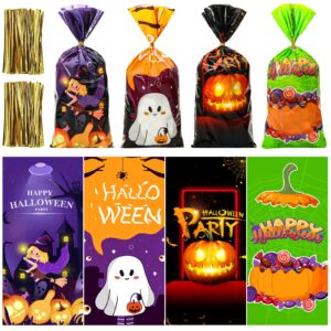 200 pcs halloween treat bags, halloween goodie bags with twist ties, halloween candy bags for halloween party favors, trick or treat, hallowen gift party supplies