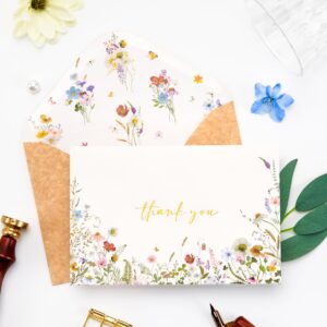 Crisky 4 Assorted Gold Foil WildFlowers Thank You Cards, (50 Cards with Envelopes for Birthday, Baby Shower, Bridal Shower, Wedding, All Occasion)