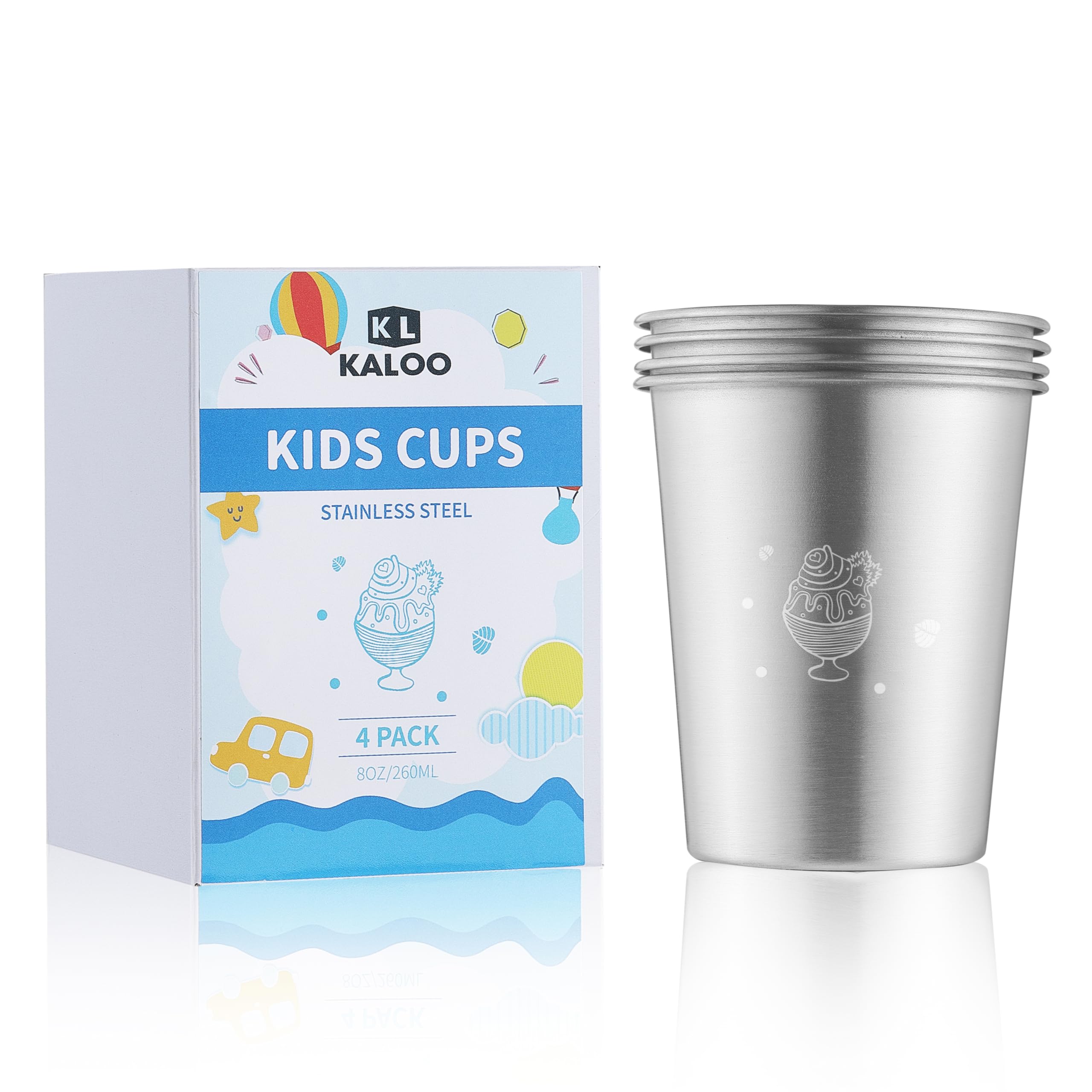 MONGSEW 4PCS Stainless Steel Kids Cups, 8 oz Unbreakable Stainless Steel Cups for Kids and Toddlers, Great for family meals, parties, camping trips and picnics, Dishwasher Safe (Gift box Included)