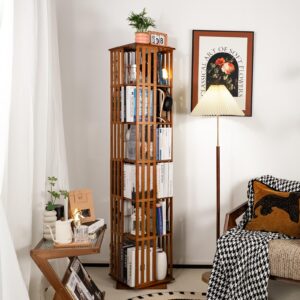 YOWOS Rotating Bookshelf Tower, 360 Display Spinning Bookshelf, Bamboo Bookshelf Floor Standing Storage Rack, Wood Narrow Book Shelf Organizer for Kids&Adults, Walnut 6 Tier