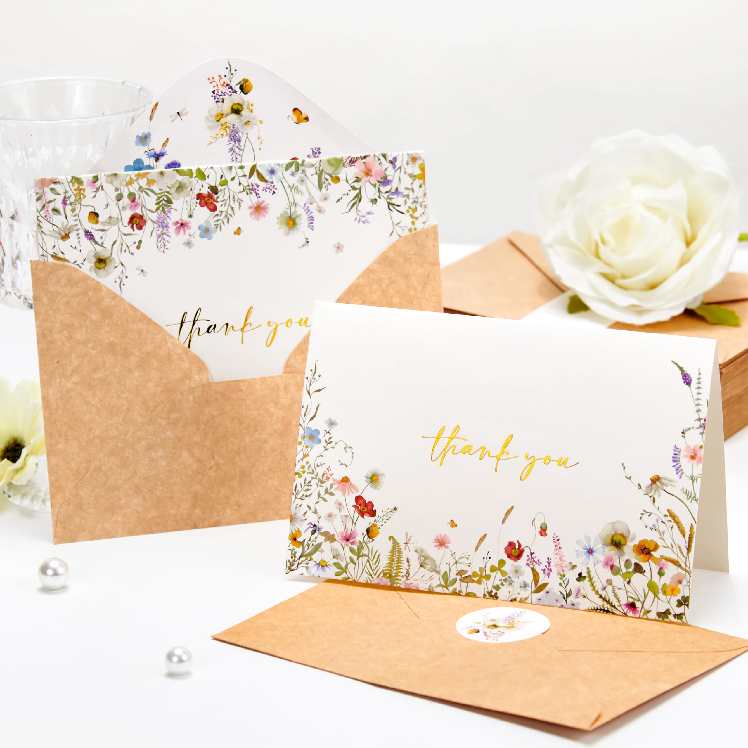 Crisky 4 Assorted Gold Foil WildFlowers Thank You Cards, (50 Cards with Envelopes for Birthday, Baby Shower, Bridal Shower, Wedding, All Occasion)