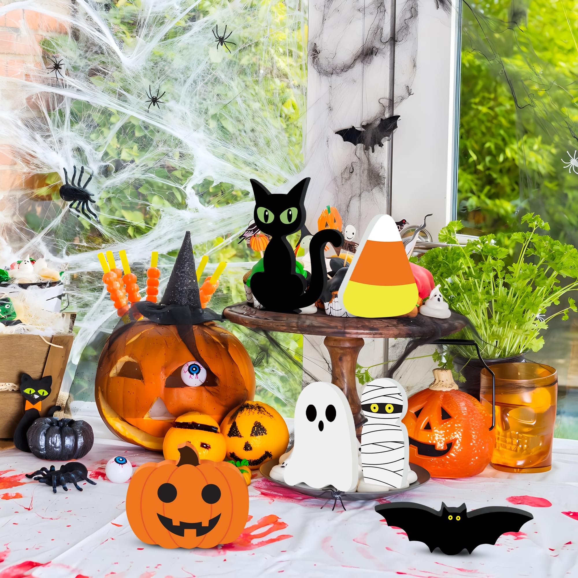 6 Pcs Halloween Wooden Decor Halloween Tiered Tray Decorations Pumpkin Ghost Bat Black Cat Mummy Candy Corn Table Signs Rustic Farmhouse Table Centerpiece for Halloween Party Home Shelf Decor