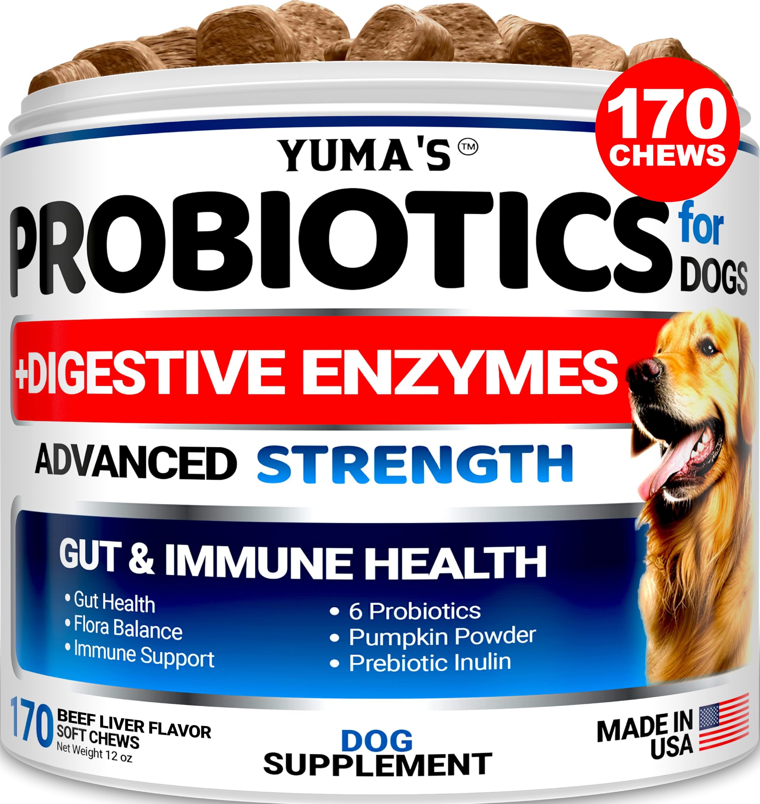 Probiotics for Dogs and Digestive Enzymes - 170 Dog Probiotics Chews - Dog Probiotic - Anti Diarrhea, Upset Stomach & Gas Relief, Canine Prebiotic - Pet Fiber Supplement - Beef Liver Flavor