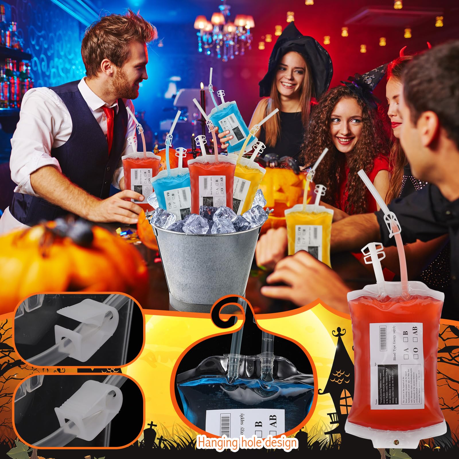 Xuhal Halloween Blood Drink Bags Sets Includes 50pcs 16x100mm Plastic Test Tube with Caps and Holder 50pcs 2oz Jelly Syringes Shot 10pcs Blood Drink Pouches with 10 label and Clip for Nurse Party