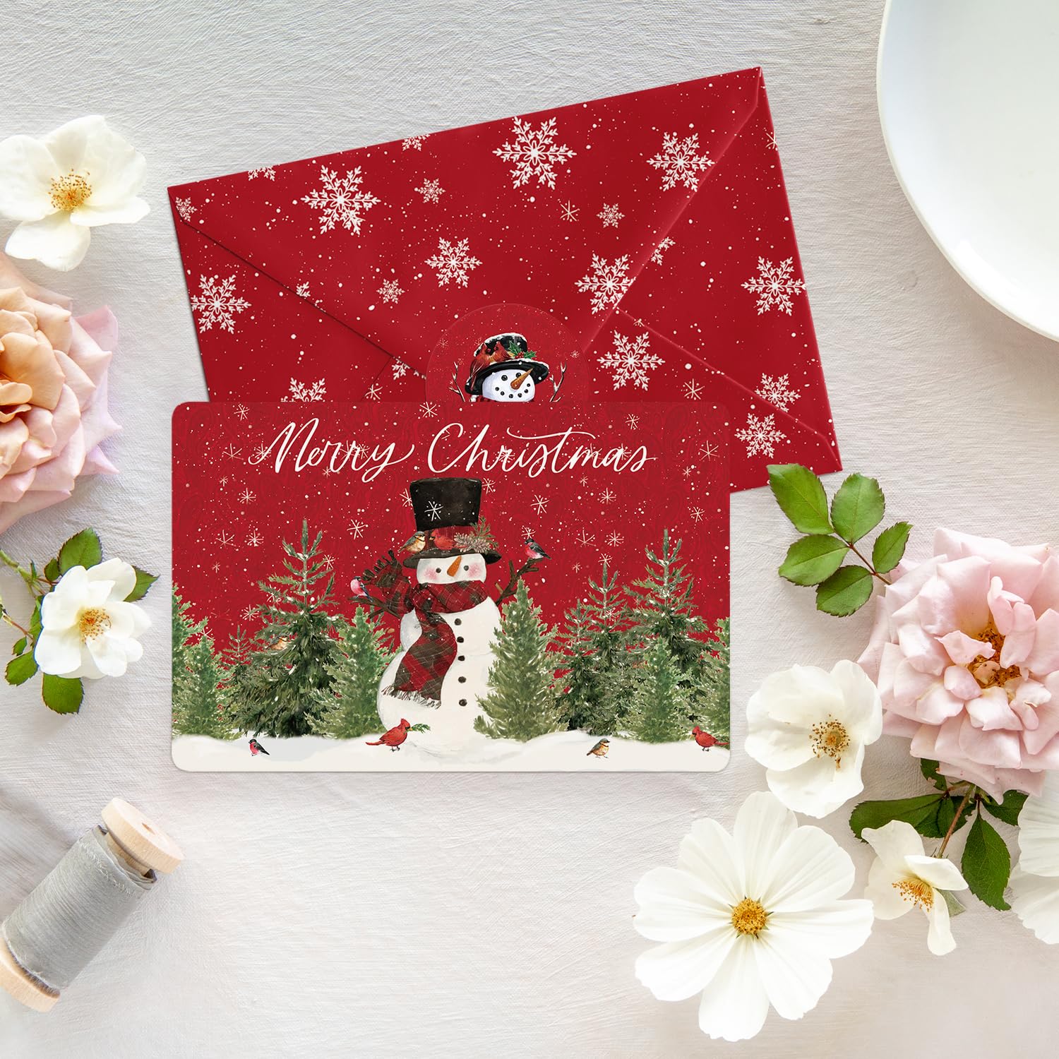 Artoid Mode 24 Pack Merry Christmas Thank You Cards Bird Snowman Xmas Tree Greeting Cards Gift With Envelope Sticker Blank Note Cards for Birthday Wedding Baby Shower Bridal Shower, 4 x 6 Inch