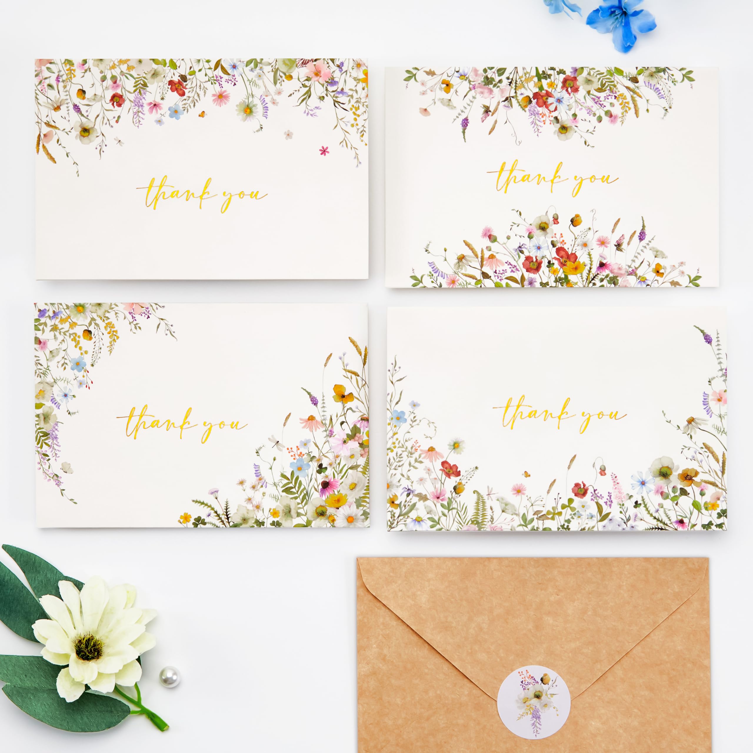 Crisky 4 Assorted Gold Foil WildFlowers Thank You Cards, (50 Cards with Envelopes for Birthday, Baby Shower, Bridal Shower, Wedding, All Occasion)