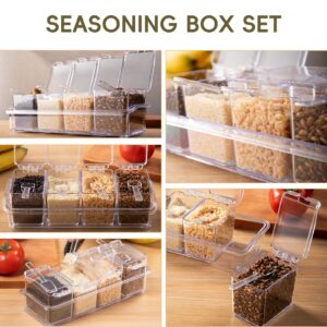 XJMWXHFC Clear Seasoning Box, 4 Pieces Seasoning Rack Spice Pots, Storage Container Condiment Jars Acrylic Seasoning Box with Covers and Spoons for Spice, Sugar, Salt, Sugar, Cardamon, Cinnamon