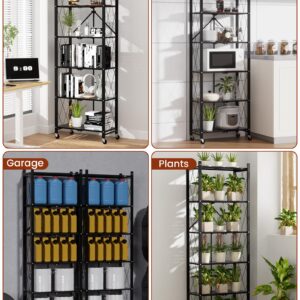 ALANNG 73.6 Inch Folding Bookshelf, 6 Tier Metal Bookcase and Bookshelves, Tall Shelves for Living Room Office Bedroom, Heavy Duty Book Shelve Free Standing Open Bookshelve (Black, 2PACK)