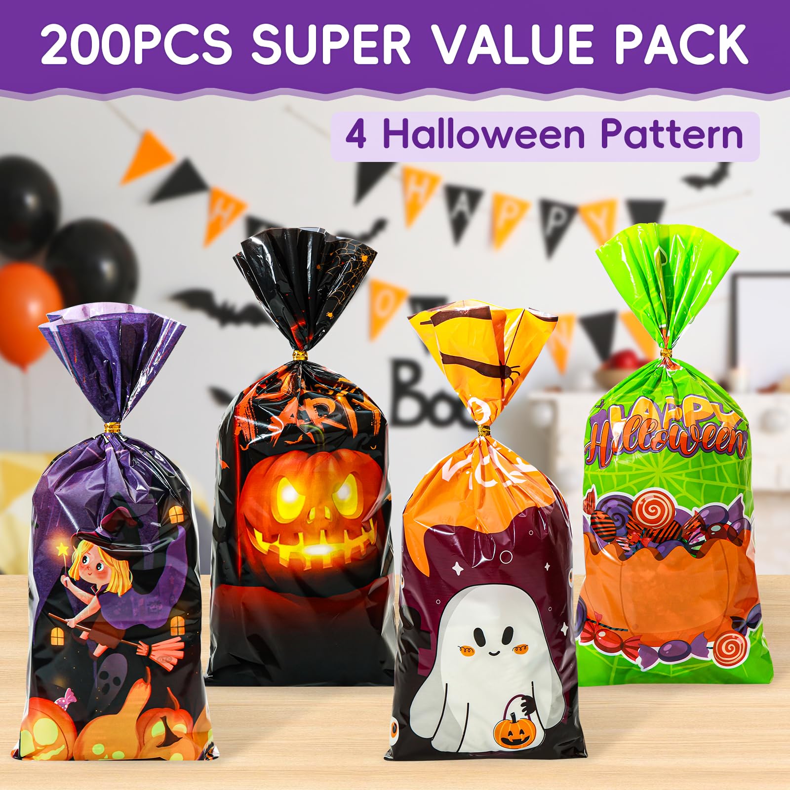 200 PCS Halloween Treat Bags, Halloween Goodie Bags with Twist Ties, Halloween Candy Bags for Halloween Party Favors, Trick or Treat, Hallowen Gift Party Supplies