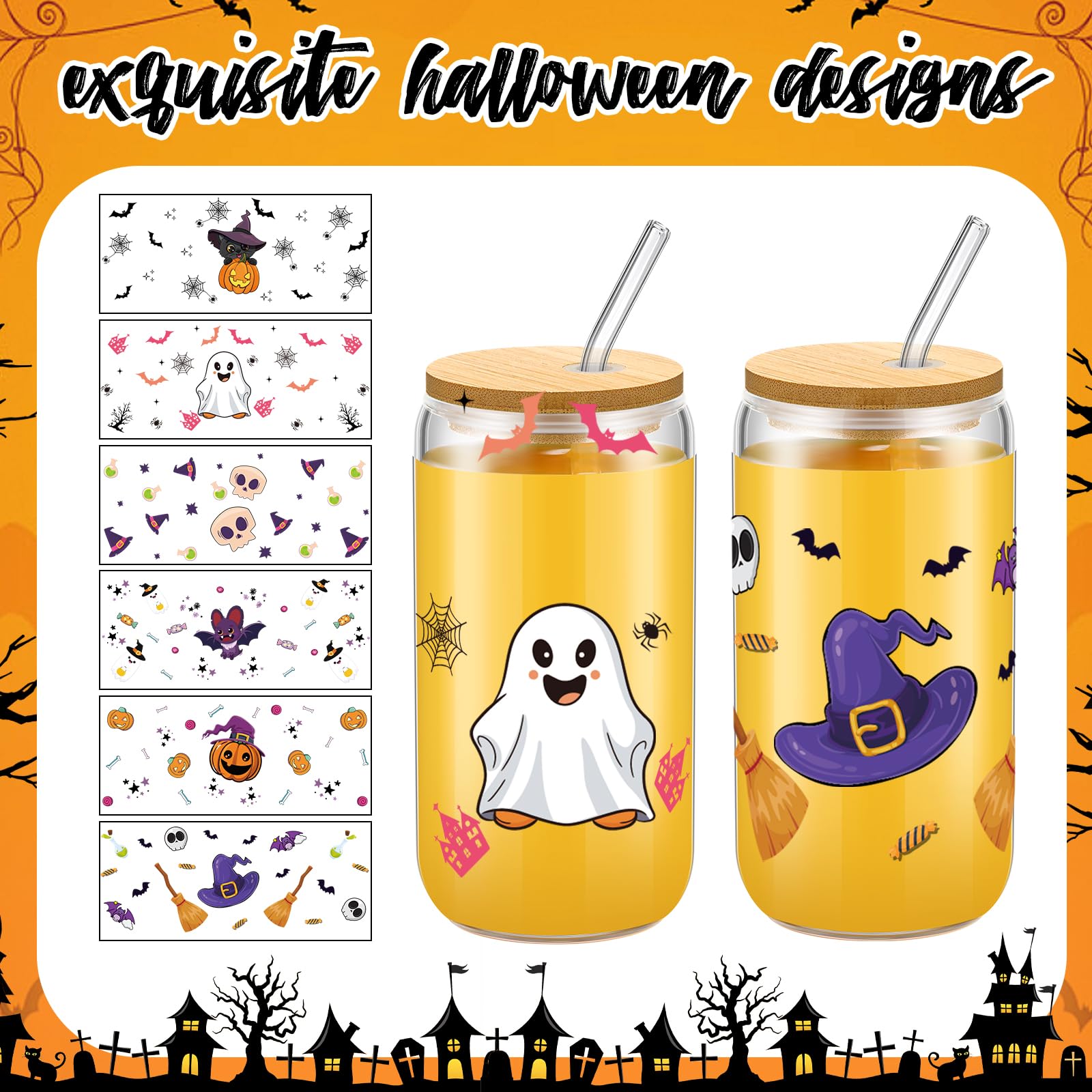 Teenyyou 6 Set Halloween Glasses Cups 16 oz Halloween Pumpkin Ghost Skull Bat Cups Halloween Iced Coffee Cup with Lid Straw Cute Drinking Beer Tumblers for Halloween Party Gift Basket Stuffer