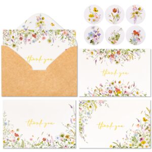 crisky 4 assorted gold foil wildflowers thank you cards, (50 cards with envelopes for birthday, baby shower, bridal shower, wedding, all occasion)