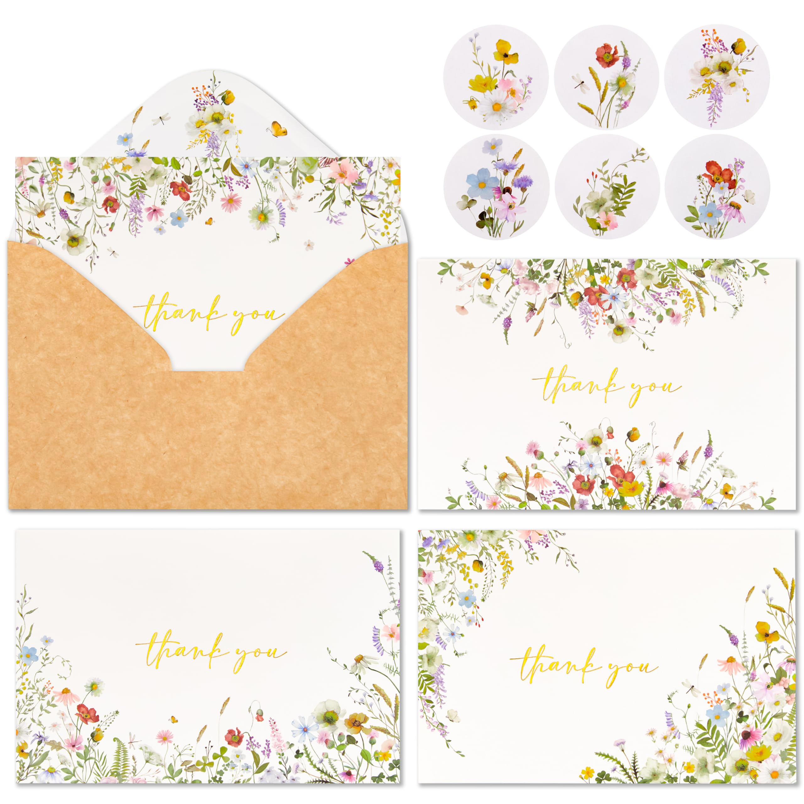 Crisky 4 Assorted Gold Foil WildFlowers Thank You Cards, (50 Cards with Envelopes for Birthday, Baby Shower, Bridal Shower, Wedding, All Occasion)