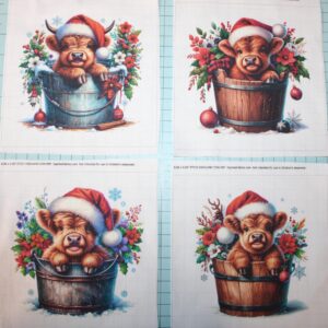 4 Piece 6"x6" Christmas Highland Cows 100% Cotton Fabric Panel Squares - Quilting Sewing Blocks