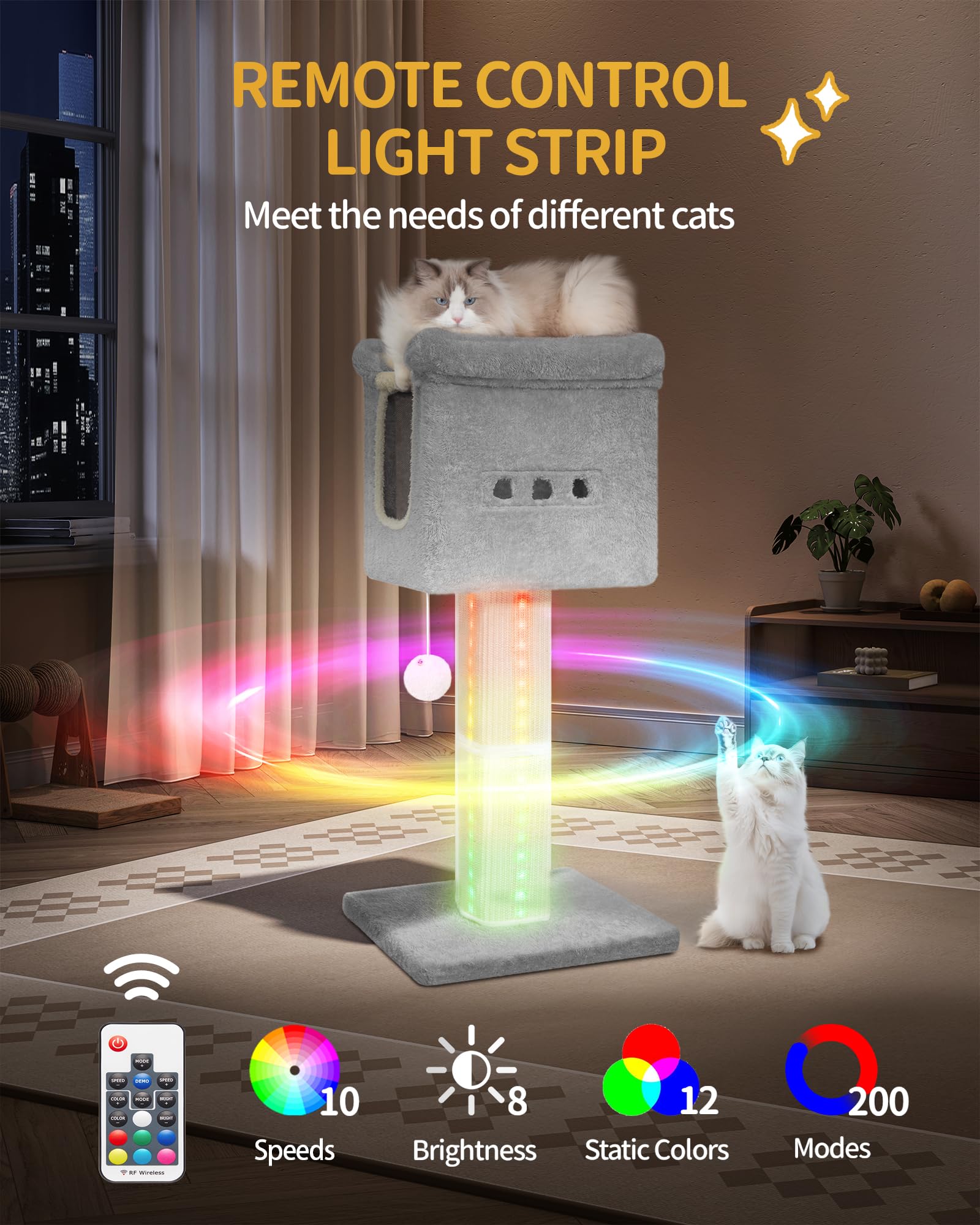 Hzuaneri 39-Inch Cat Scratching Post Tower with Bed, Cat Tower with LED Light Strip, Cat Scratcher Post with Woven Sisal, Condo, Pompom, Light Gray MS99018LG