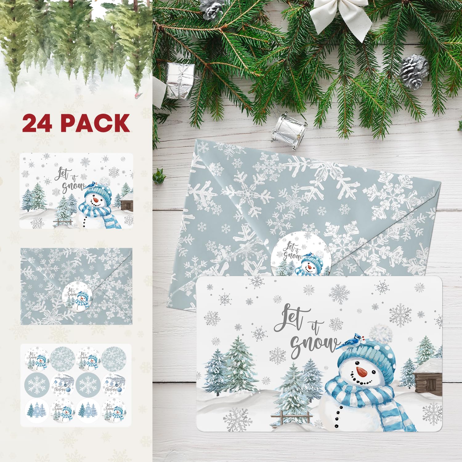 Artoid Mode 24 Pack Let It Snow Thank You Cards Snowflake Snowman Xmas Tree Greeting Cards Gift With Envelope Sticker Blank Note Cards for Birthday Wedding Baby Shower Bridal Shower, 4 x 6 Inch