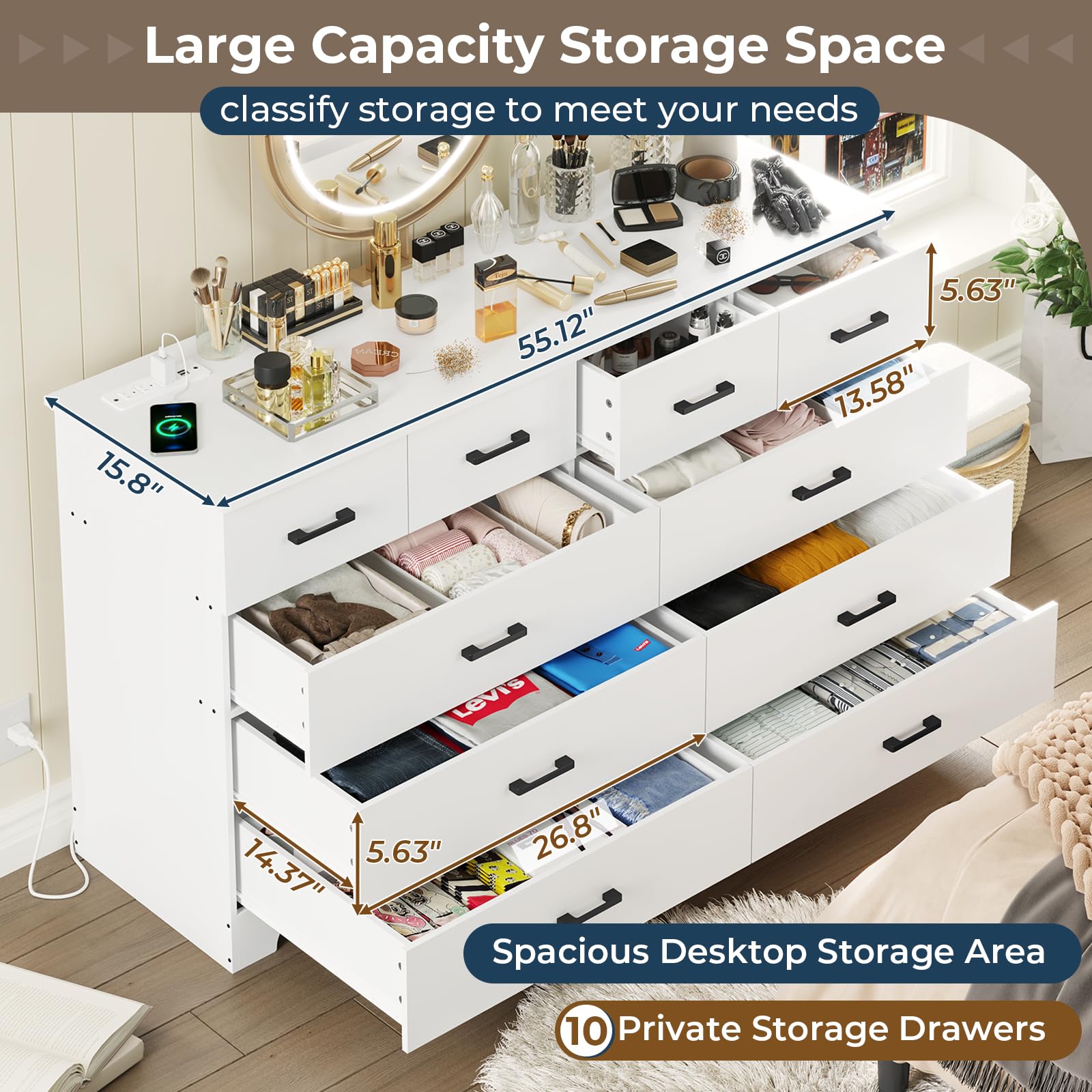 DICTAC White Dresser for Bedroom with 10 Drawers, Large Chest of Drawers Storage Organizer, Long Dresser TV Stand with Power Outlets, Wide Dresser for Bedroom, Living Room 55.1" W x 32.3" H x 15.8" D