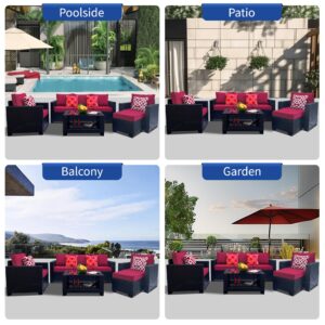 7 Piece Outdoor Patio Furniture Sets, Apartment Patio Furniture, Pe Vine Willow Soft Cushion Sofa Set with Coffee Table, Suitable for Gardens, Backyards, Poolside, Red