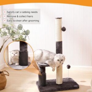 Happi N Pets 34“ Tall Cat Scratching Post for Big Cats, Natural Sisal Cat Scratchers for Indoor Cats, Heavy Duty Cat Stands Featuring with Cat Self Groomer and Hanging Toys, Free Catnip-Gray