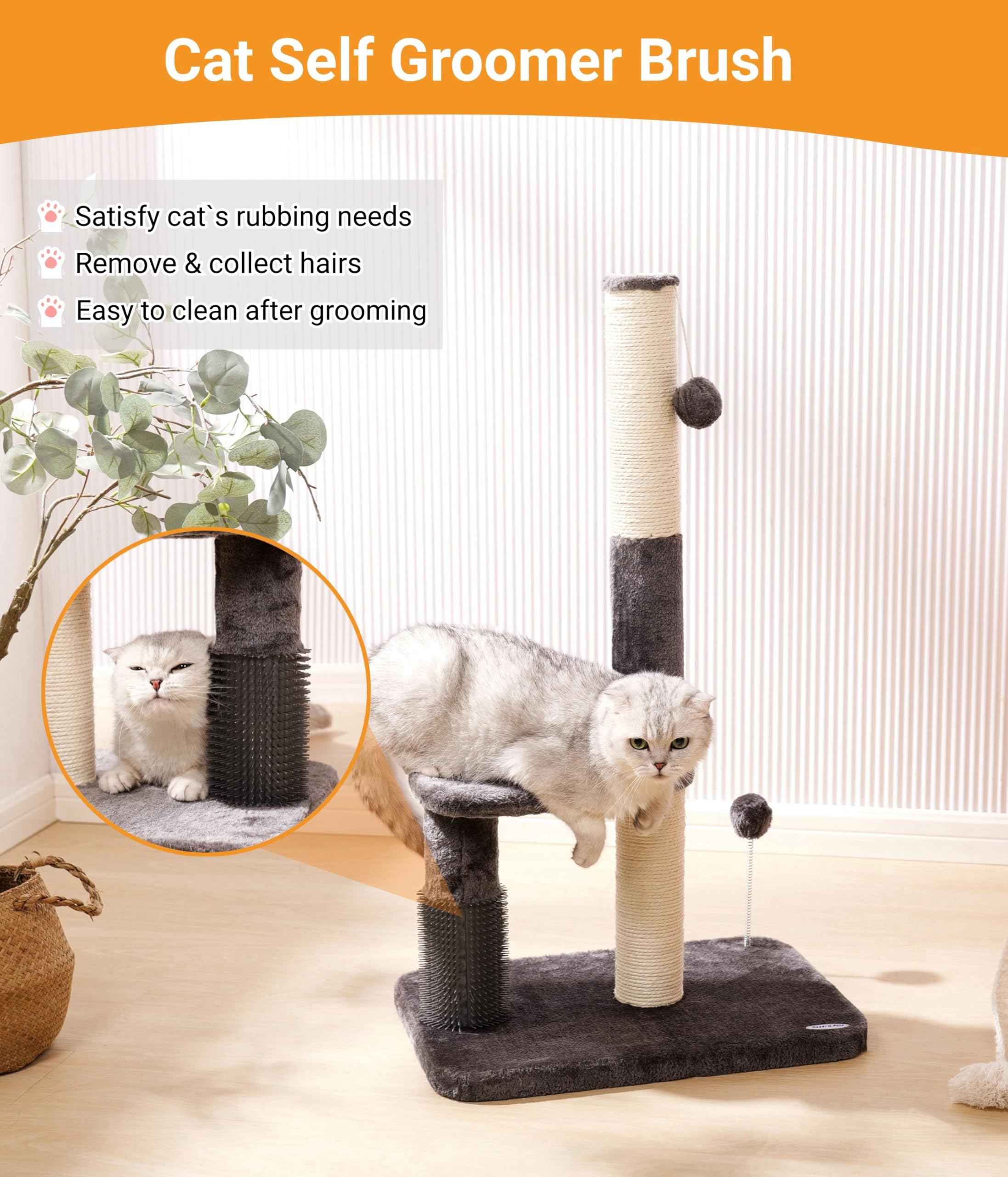 Happi N Pets 34“ Tall Cat Scratching Post for Big Cats, Natural Sisal Cat Scratchers for Indoor Cats, Heavy Duty Cat Stands Featuring with Cat Self Groomer and Hanging Toys, Free Catnip-Gray