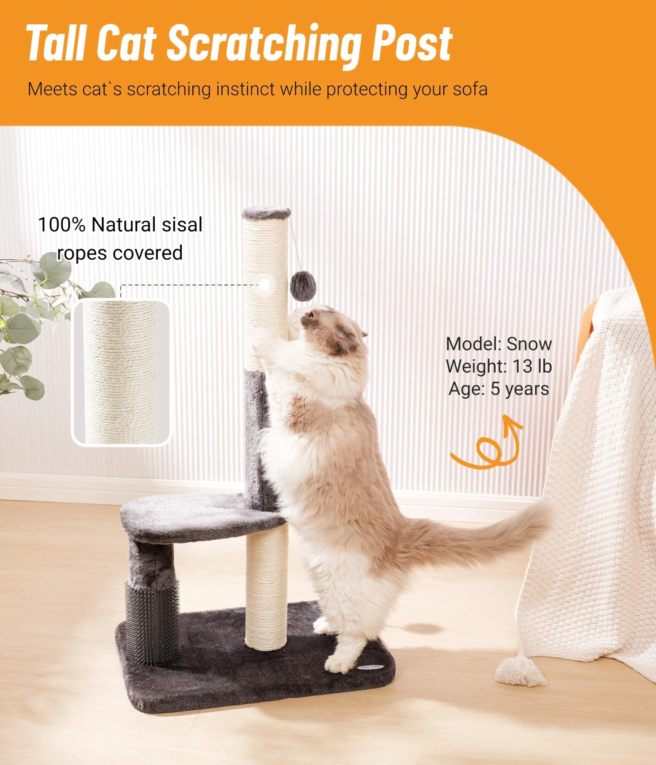 Happi N Pets 34“ Tall Cat Scratching Post for Big Cats, Natural Sisal Cat Scratchers for Indoor Cats, Heavy Duty Cat Stands Featuring with Cat Self Groomer and Hanging Toys, Free Catnip-Gray