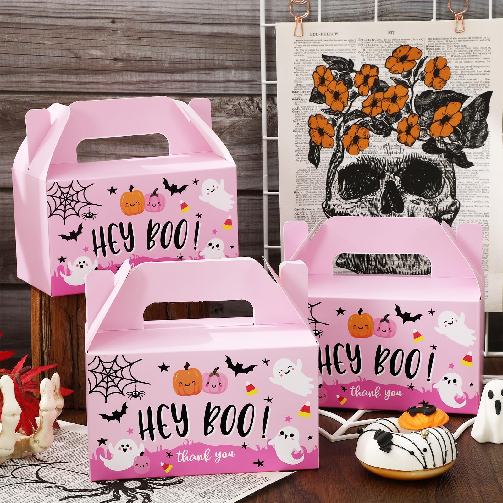 JarThenaAMCS 50Pcs Pink Halloween Paper Boxes Ghost Pumpkin Bat Treat Boxes Hey Boo Gift Boxes with Handle for Halloween Party Favor Supplies