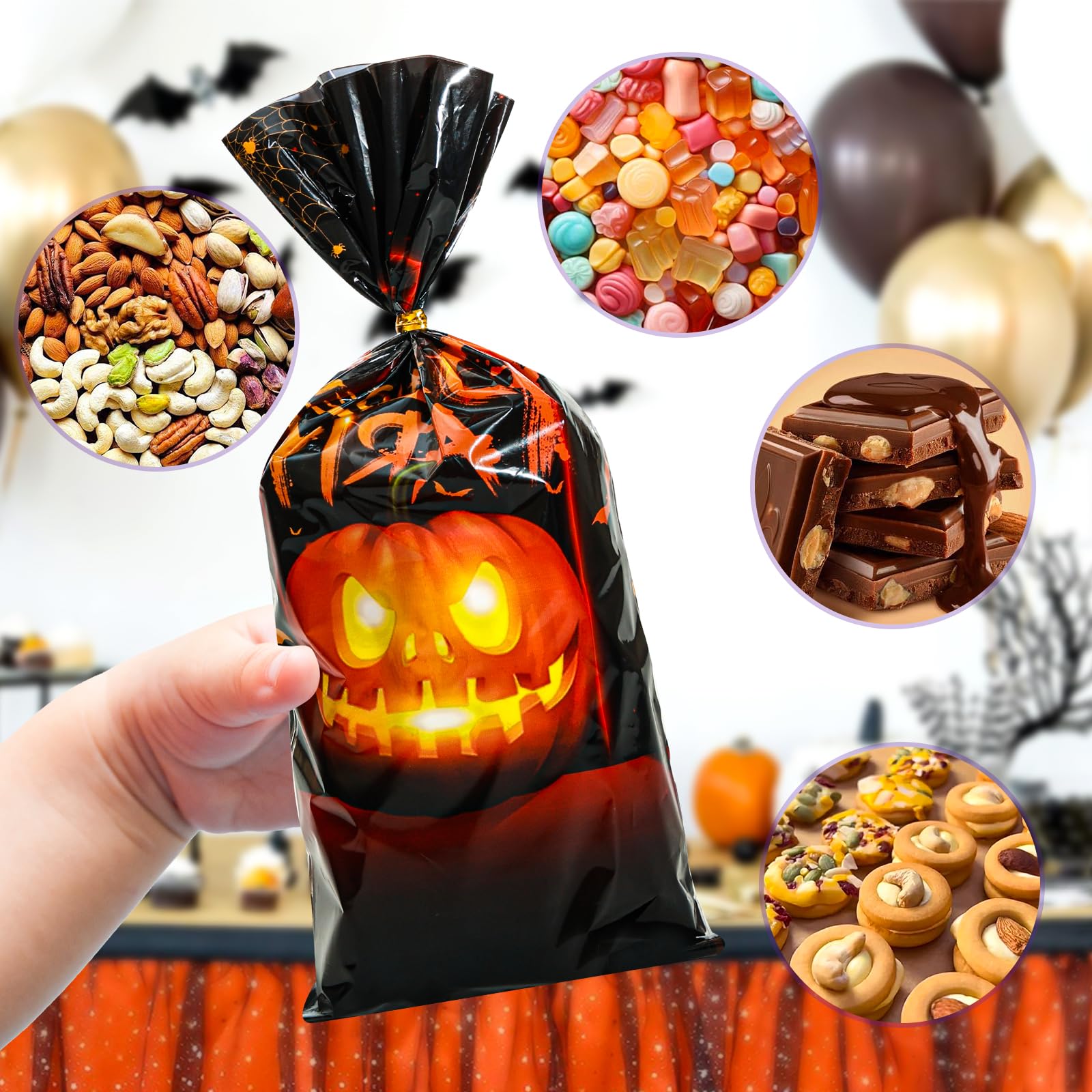 200 PCS Halloween Treat Bags, Halloween Goodie Bags with Twist Ties, Halloween Candy Bags for Halloween Party Favors, Trick or Treat, Hallowen Gift Party Supplies