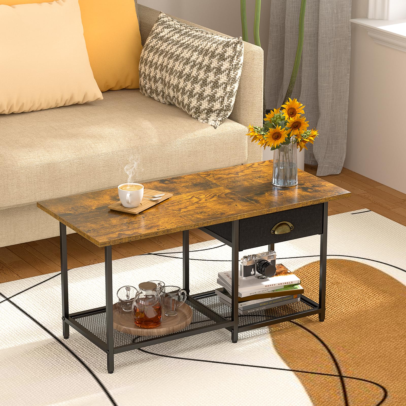 DAOUTIME Small Coffee Tables for Living Room with Drawer, 2-Tier Center Small Table for Small Spaces, Farmhouse Simple Table with 2 Wire Mesh Storage Racks, 15.79" D X 33.11" W X 16.81" H