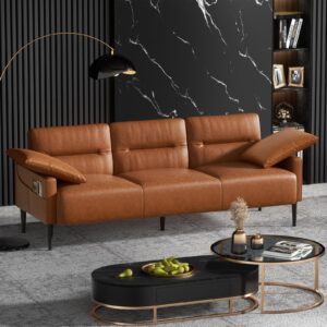 COPIAE 83" Faux Leather Couch, Upholstered 3 Seater Sofa with Pillows, Solid Wood Frame Leather Sleeper Sofa with Metal Legs& Side Pocket, Mid Century Sofa Couches for Living Room, Bedroom, Office