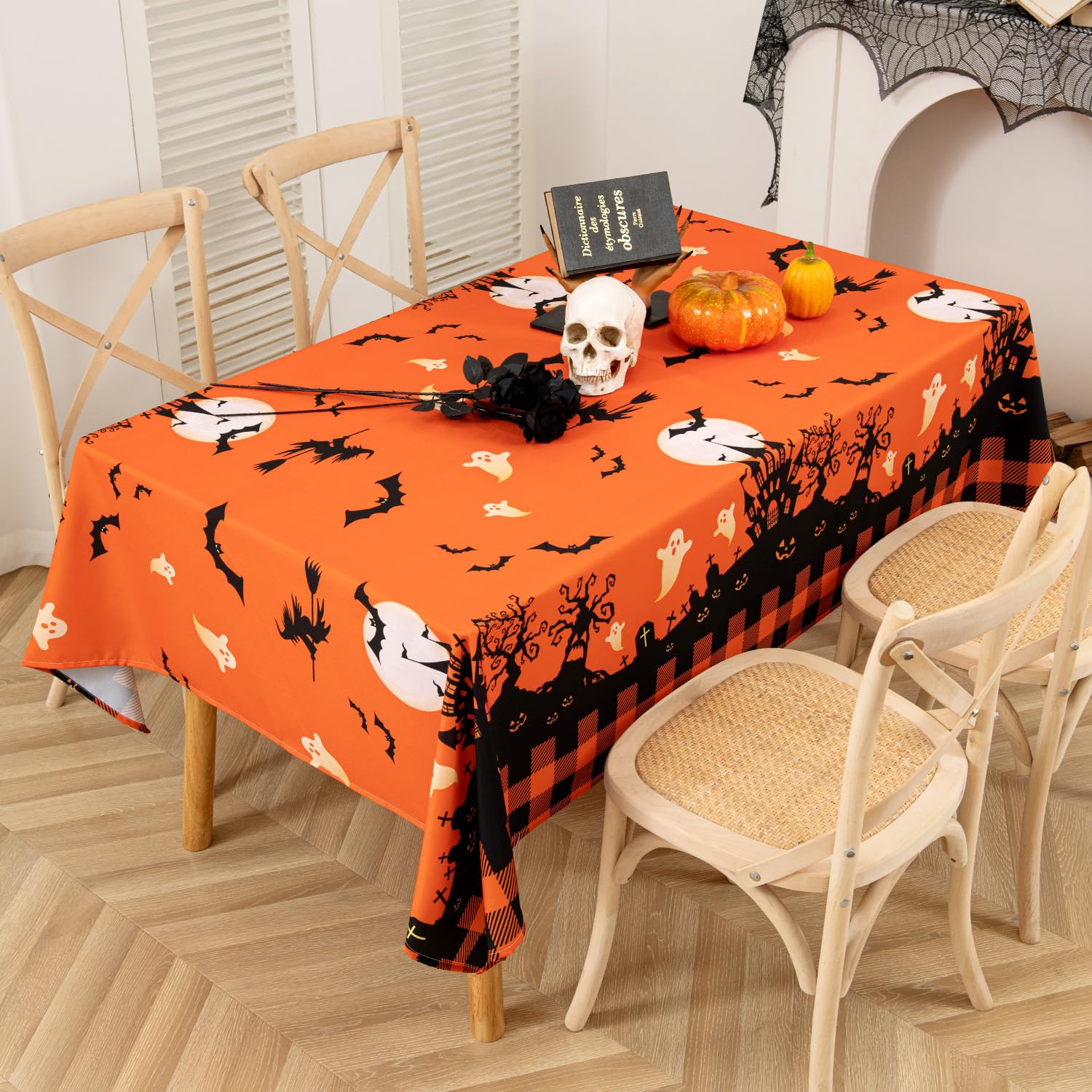 MikiUp Halloween Tablecloth, Castle Ghost Decorative Rectangle Table Cloth, Holiday Fabric Table Cover for Party Picnic Dinner Decor, Orange 60 x 84 Inch