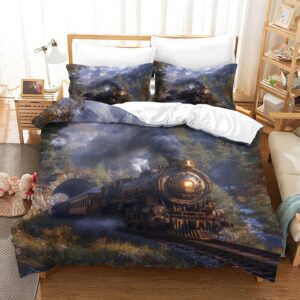 yyanqin steam train bedding set, 3d printing 3 piece sets quilt cover soft microfibre quilt cover with pillowcases and zipper closure for home decor bed twin（173x218cm）