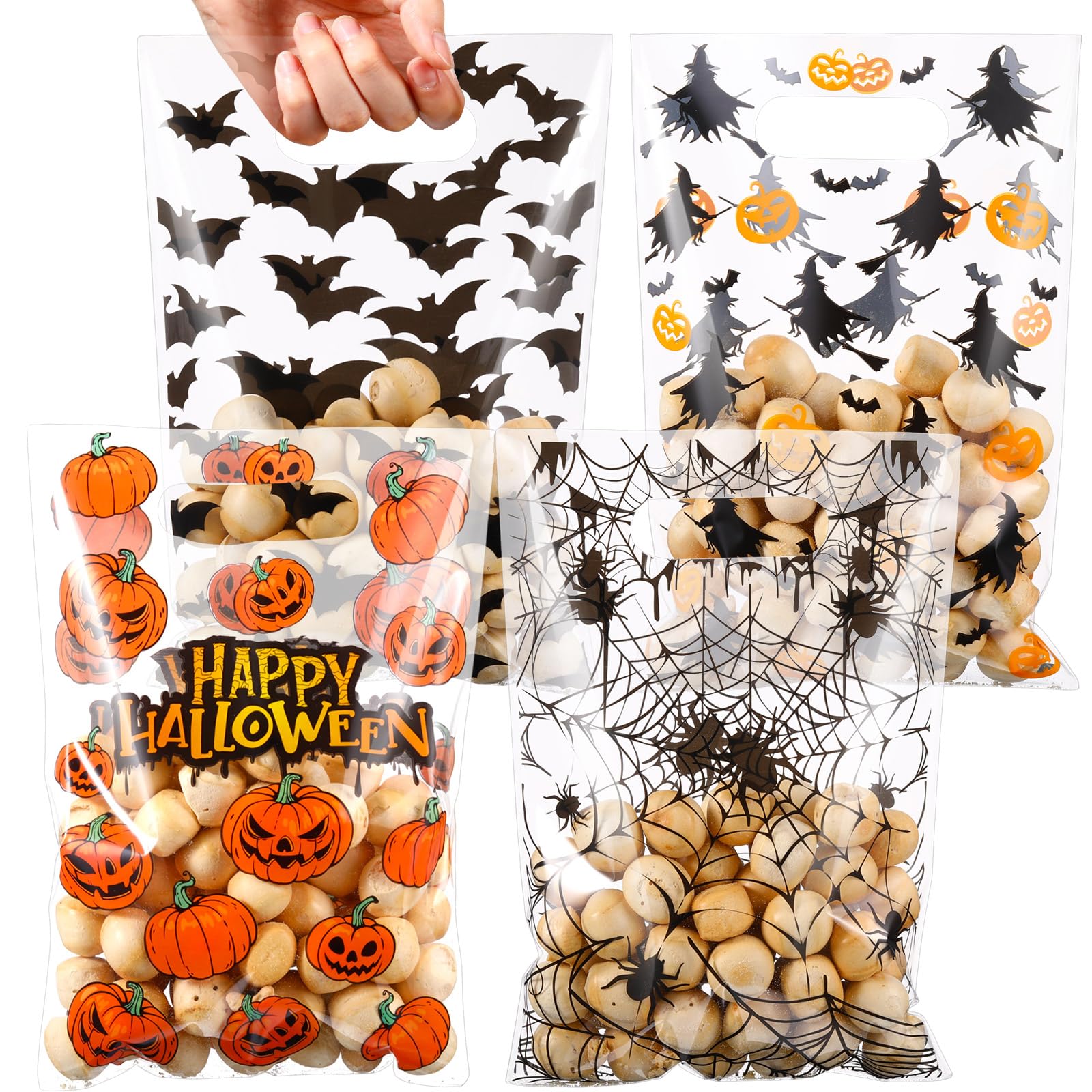 Bulyoou 100 Pcs Halloween Goodie Bags Trick or Treat Transparent Candy Bags with Handles Pumpkin Ghost Plastic Bags Halloween Treat Favor Goodie Bags for Halloween Kids Birthday Party Supplies