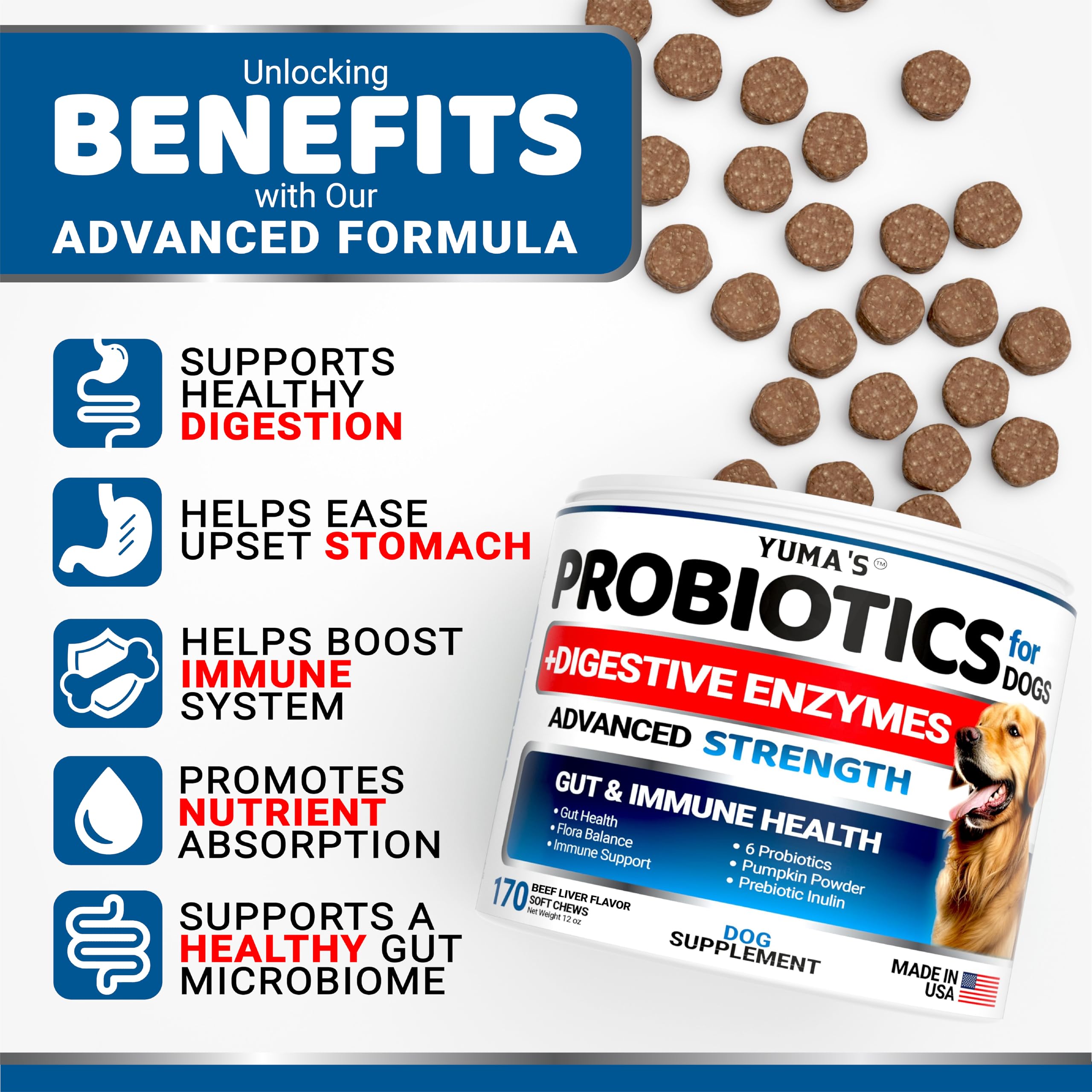 Probiotics for Dogs and Digestive Enzymes - 170 Dog Probiotics Chews - Dog Probiotic - Anti Diarrhea, Upset Stomach & Gas Relief, Canine Prebiotic - Pet Fiber Supplement - Beef Liver Flavor