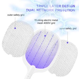 Electric Fly Swatter Rechargeable 4000V High-Volt Bug Zapper Racket, 2-in-1 Detachable Bug Swatter Mosquito Killer with Purple Light & 3-Layer Safety Nets Portable Fly Zapper for Indoor Outdoor