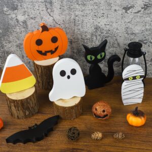 6 Pcs Halloween Wooden Decor Halloween Tiered Tray Decorations Pumpkin Ghost Bat Black Cat Mummy Candy Corn Table Signs Rustic Farmhouse Table Centerpiece for Halloween Party Home Shelf Decor