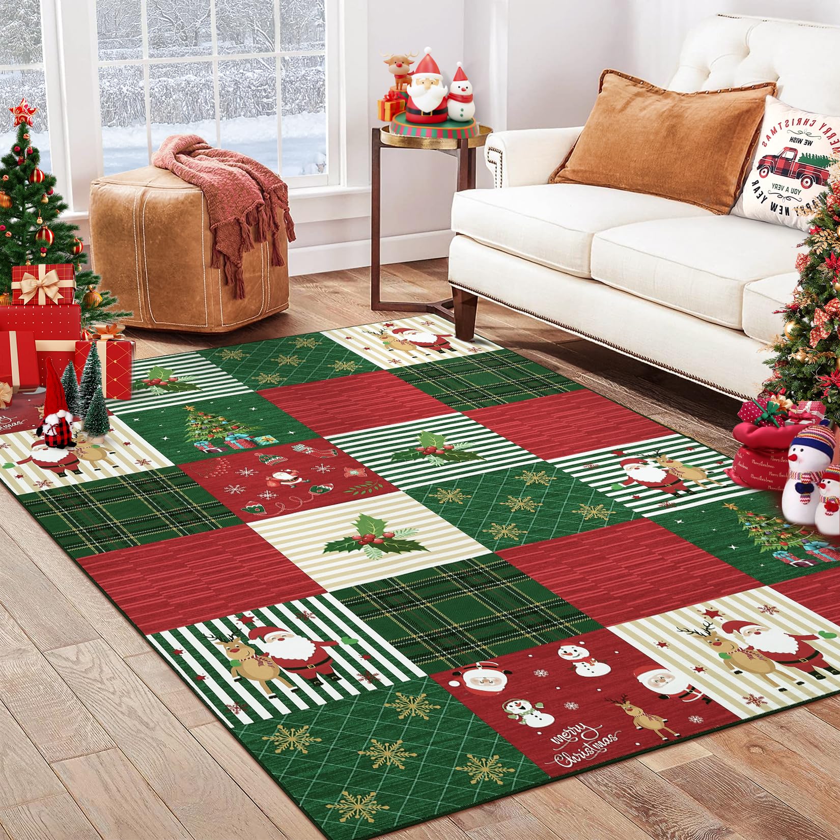 RUGSREAL Christmas Rug 4x6 Washable Bedroom Rug Holiday Decor Non Slip Throw Rug Soft Carpet Stain Resistant Accent Rug Holiday Decoration for Home Decor, Red/Green