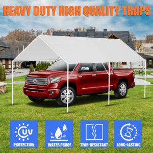 10 x 20 Ft Carport Replacement Canopy Cover, Heavy Duty Top Cover for Car Garage, Tear-Proof, Anti-UV & Waterproof Party Tent Shelter Tarp with 42 Ball Bungees (Only Cover, Frame Not Include) White