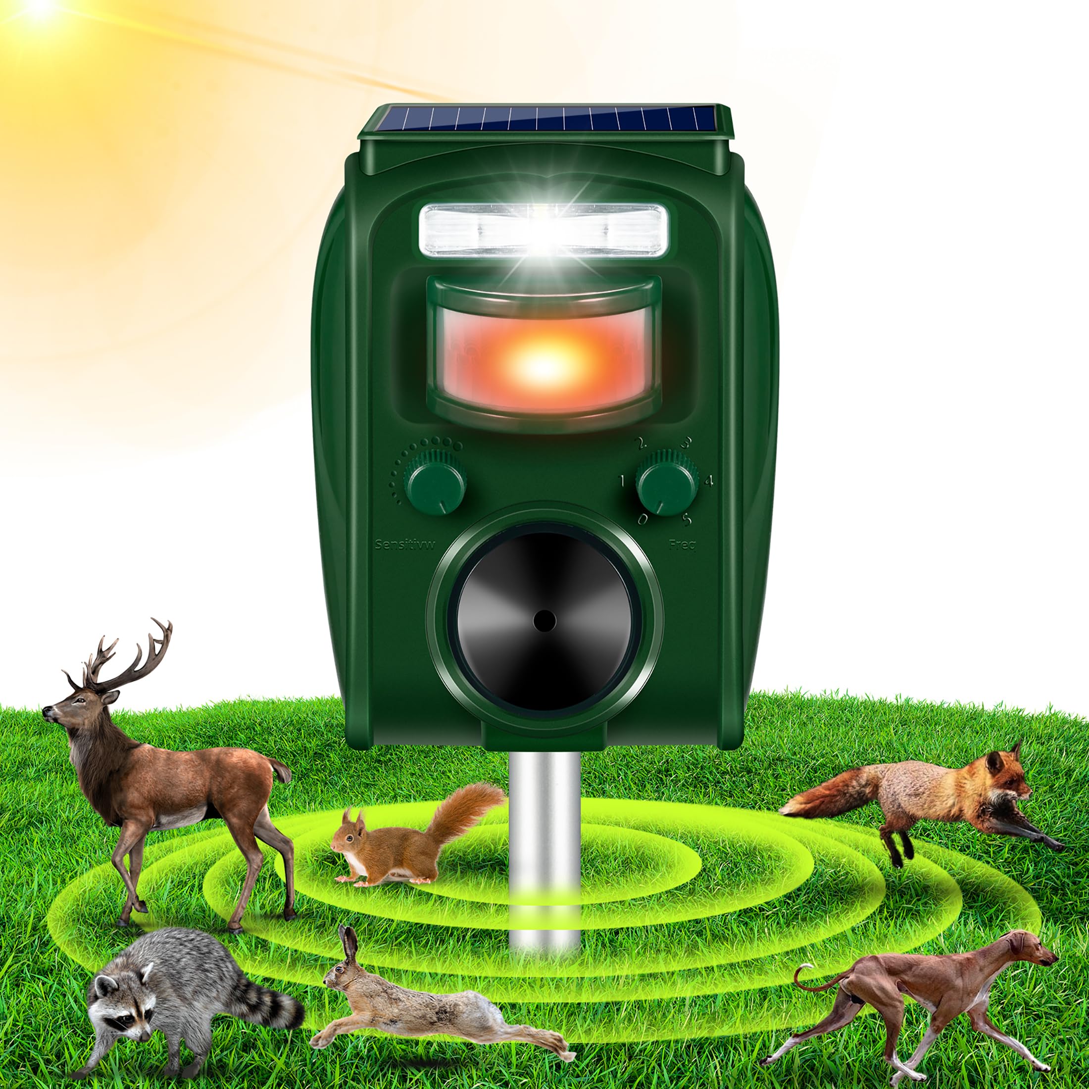 Upgraded Ultrasonic Animal Repeller Outdoor,Deer Repellent Devices Solar Animal Repeller with Motion Sensor & Strobe Light Animal Deterrent to Keep Dog Cat Deer Rabbit Squirrel Raccoon Out of Yard