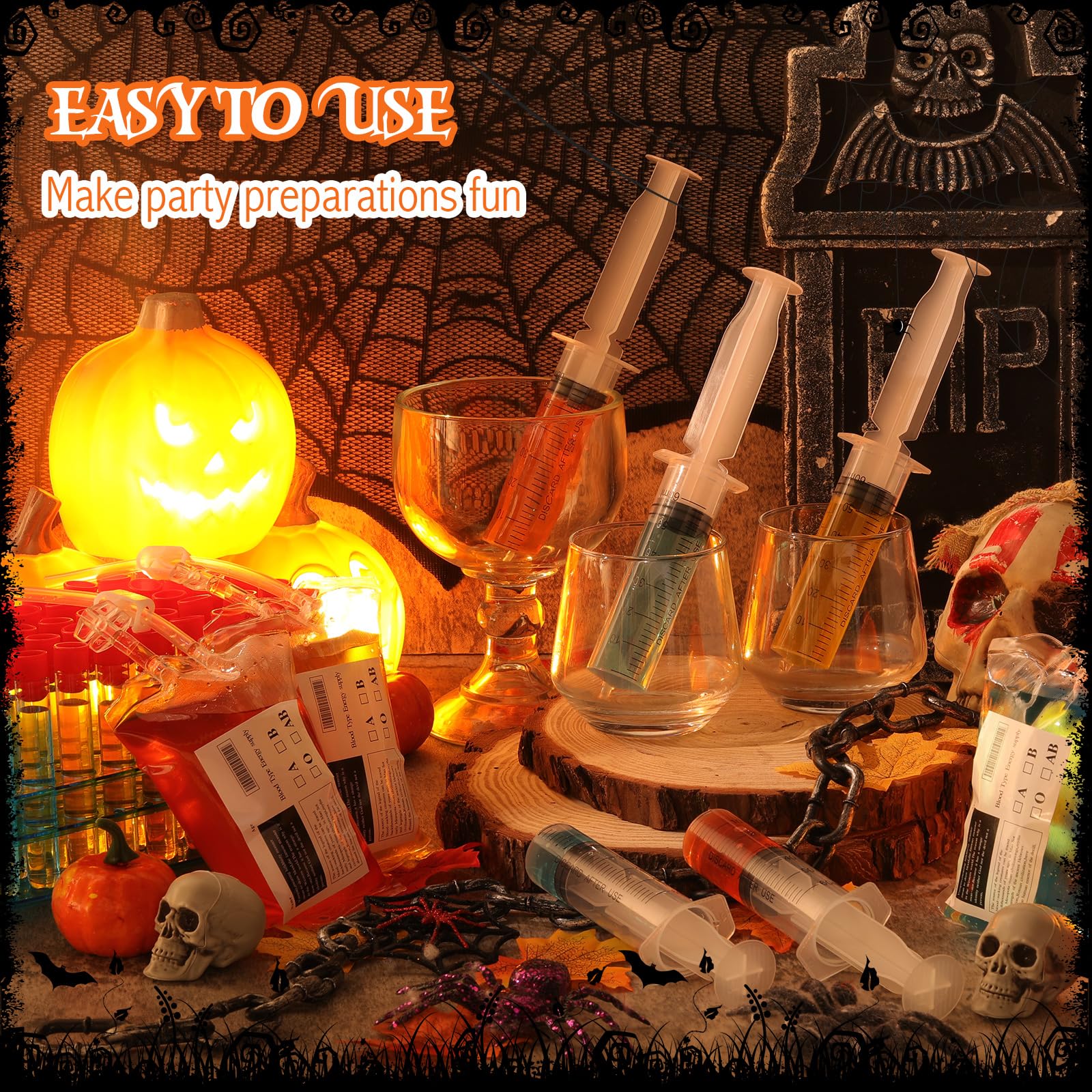 Xuhal Halloween Blood Drink Bags Sets Includes 50pcs 16x100mm Plastic Test Tube with Caps and Holder 50pcs 2oz Jelly Syringes Shot 10pcs Blood Drink Pouches with 10 label and Clip for Nurse Party