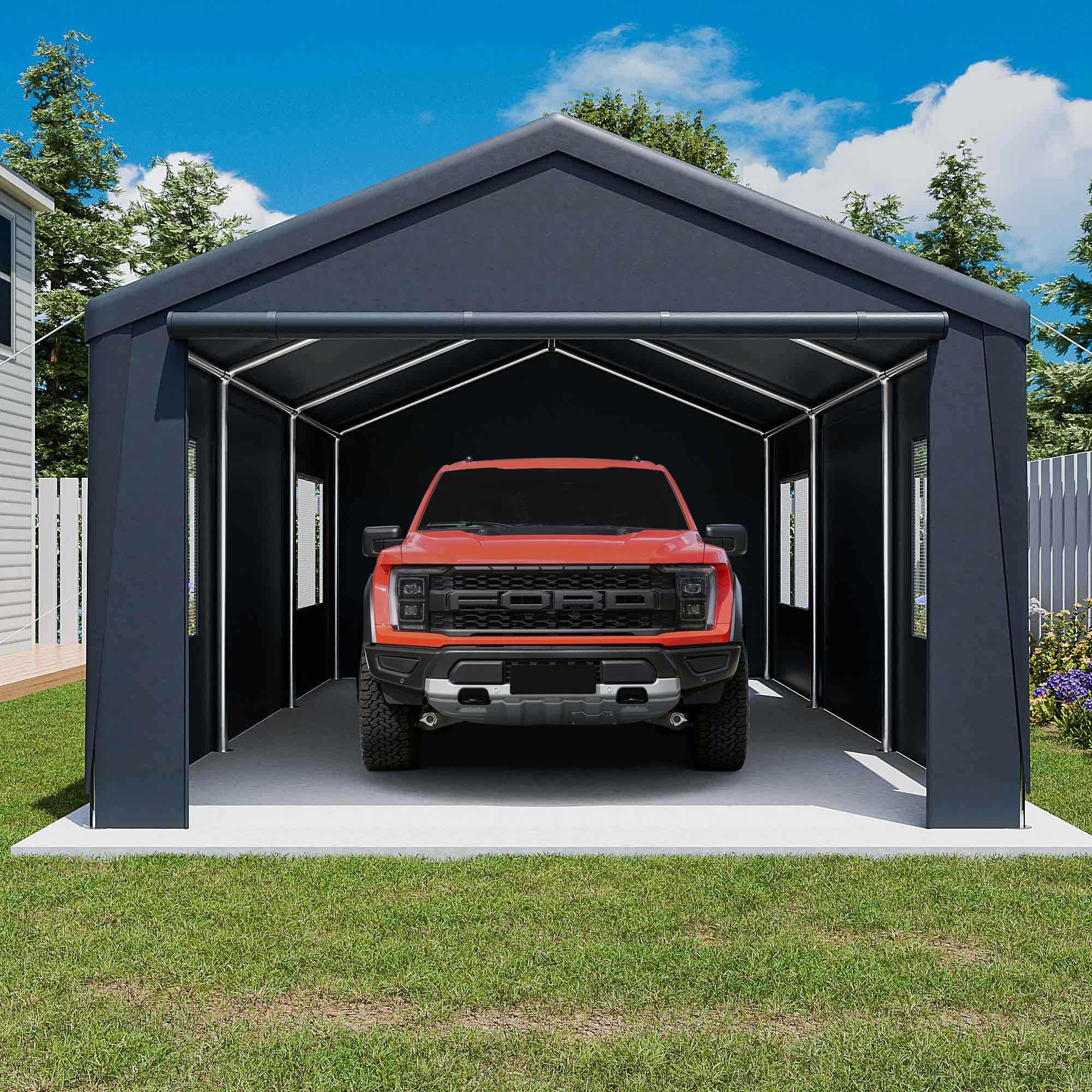 Yardsight 13'x 20' Carport, Heavy Duty Car Canopy Portable Garage with Removable Sidewalls and Roll-up Ventilated Doors & Windows for Car, SUV, Truck, Boat. Gray